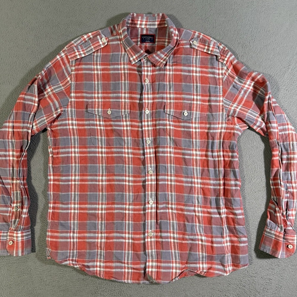 Untuckit 100% Linen Shirt Men‎ XL Red Long Sleeve Button Up Preppy Casual